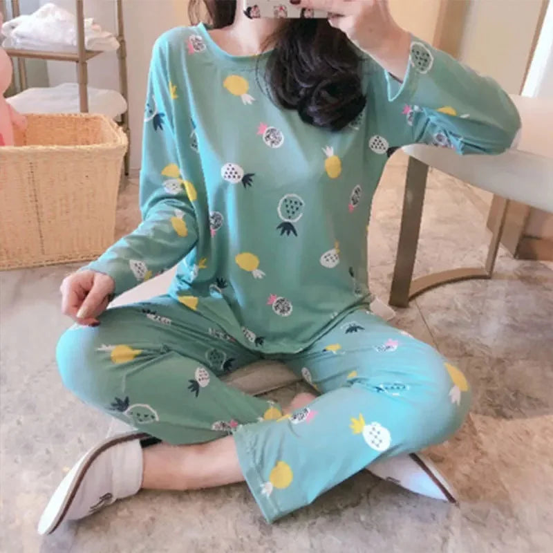 Cute Cartoon Round Neck Women's Pajama Set