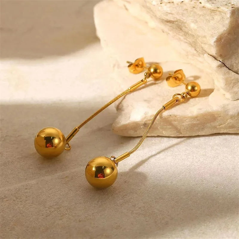 Stainless Steel Gold Color Ball Bead Dangle Earrings