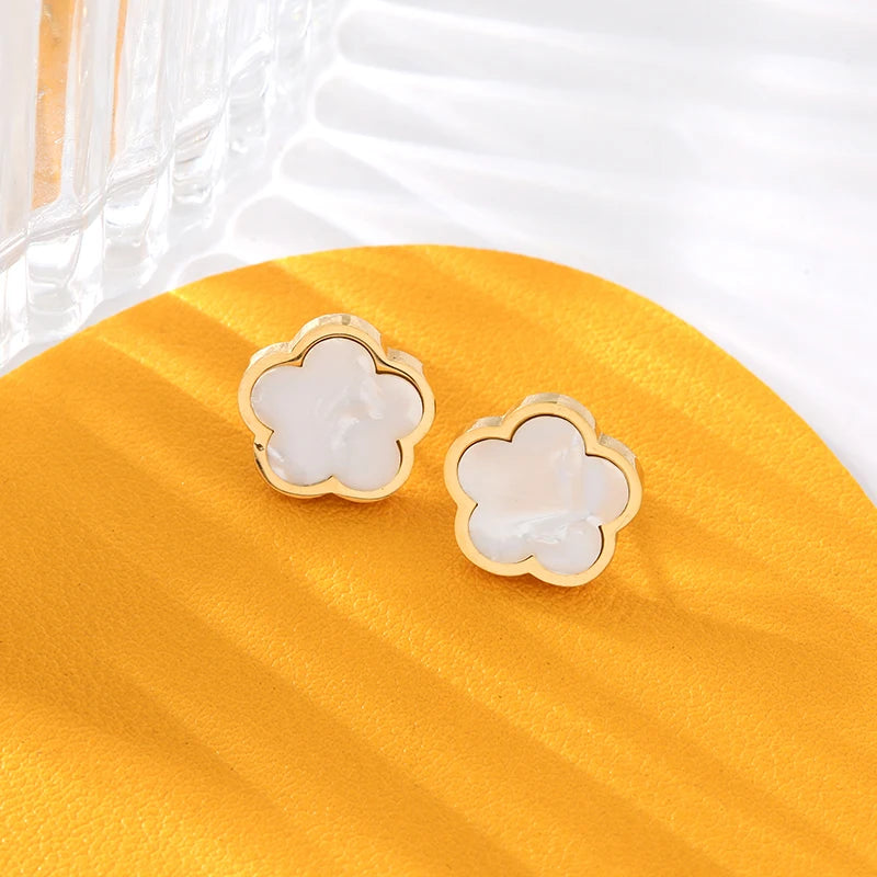 Stainless Steel Black Five Leaf Clover Flower Stud Earrings