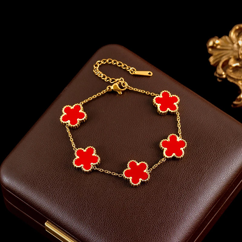 Stainless Steel Black Plant Flower Bracelet With Five Leaf Petals