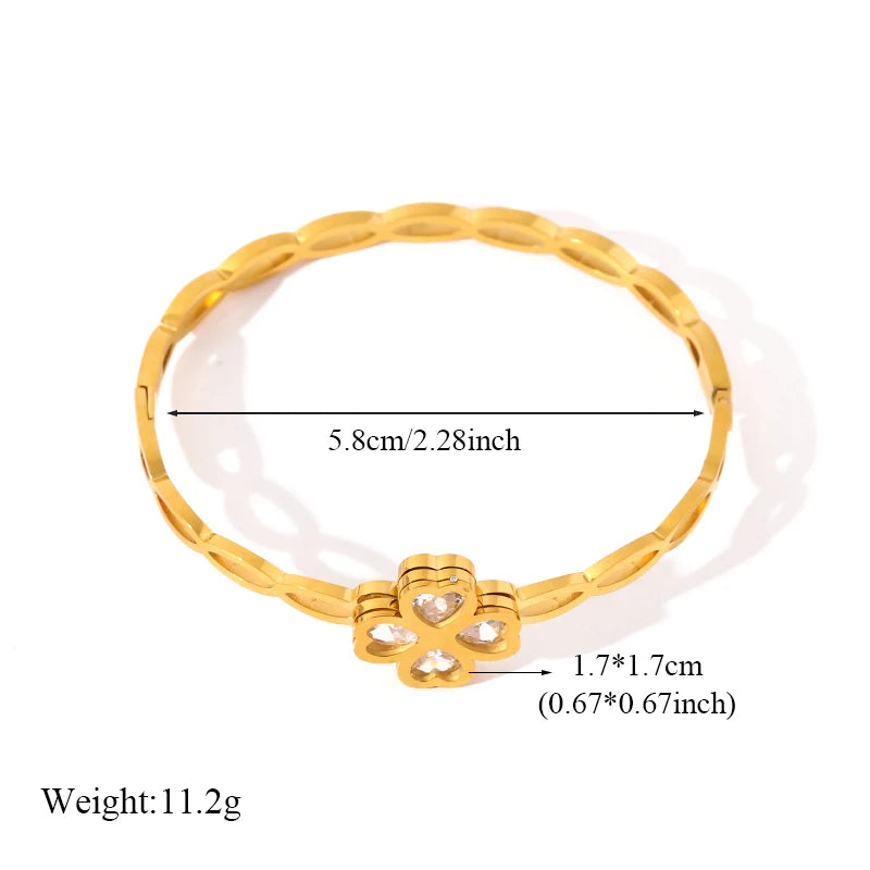 Stainless Steel Leaf Clover Zirconia Bangle Bracelet