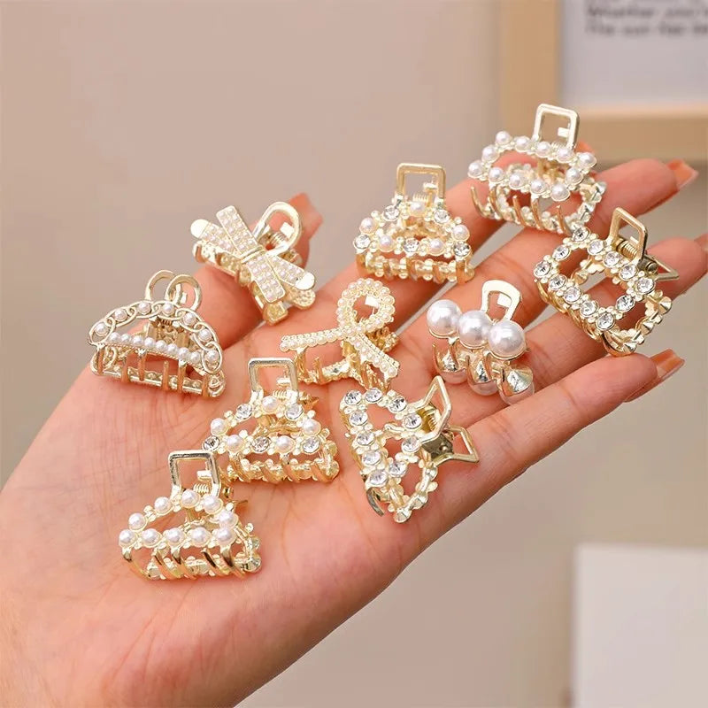 6/8/10PCS/Set Small Rhinestone Pearls Geometric Metal Hair Claws