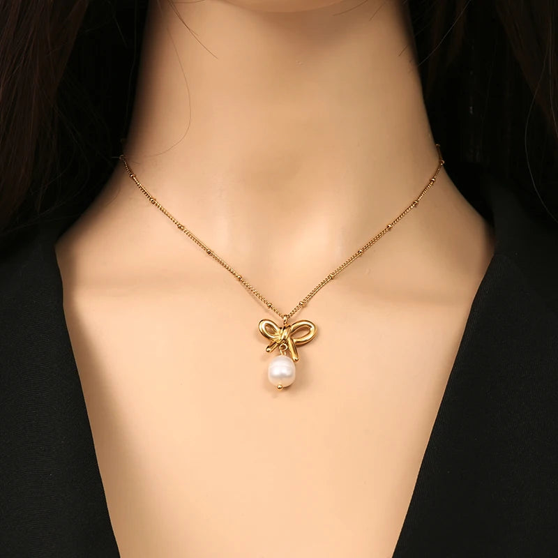 Stainless Steel Bowknot Pearl Pendant Necklace