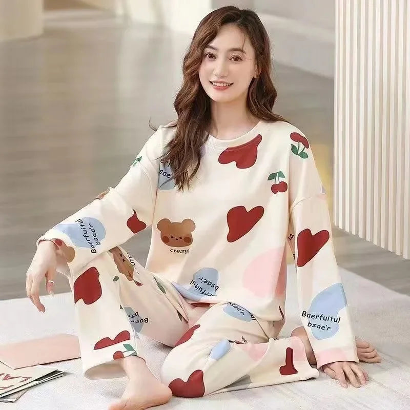 Cute Cartoon Round Neck Women's Pajama Set