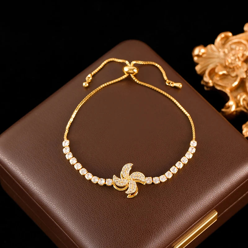 Stainless Steel Rotating Clover Zircon Necklace Bracelet Set