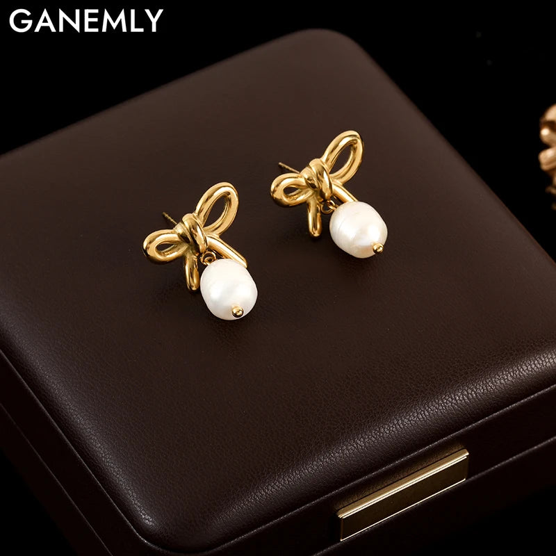 Stainless Steel Bowknot Pearl Earrings