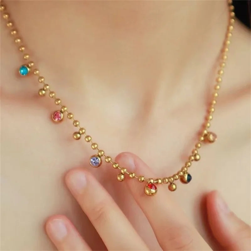 GANEMLY 316L Stainless Steel Colorful Stone Necklace