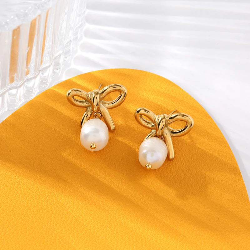 Stainless Steel Bowknot Pearl Earrings