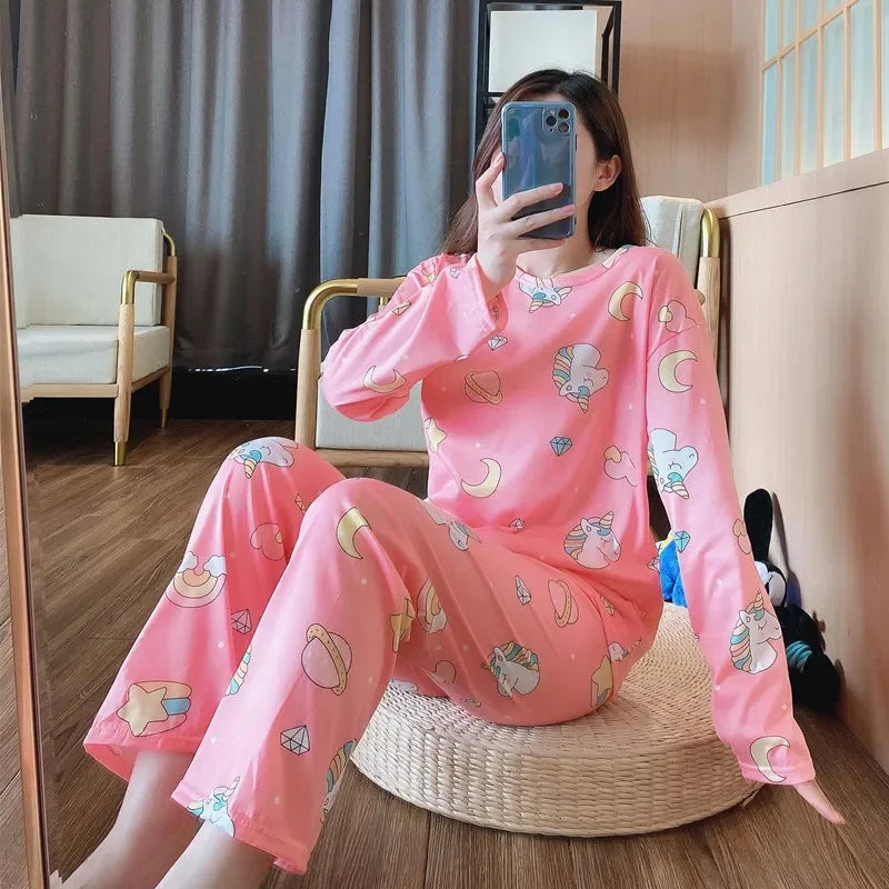 Cute Cartoon Round Neck Women's Pajama Set