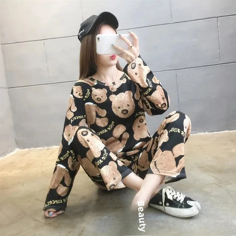 Cute Cartoon Round Neck Women's Pajama Set