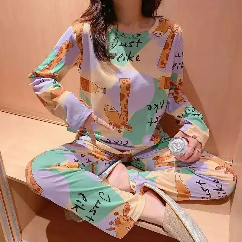 Cute Cartoon Round Neck Women's Pajama Set