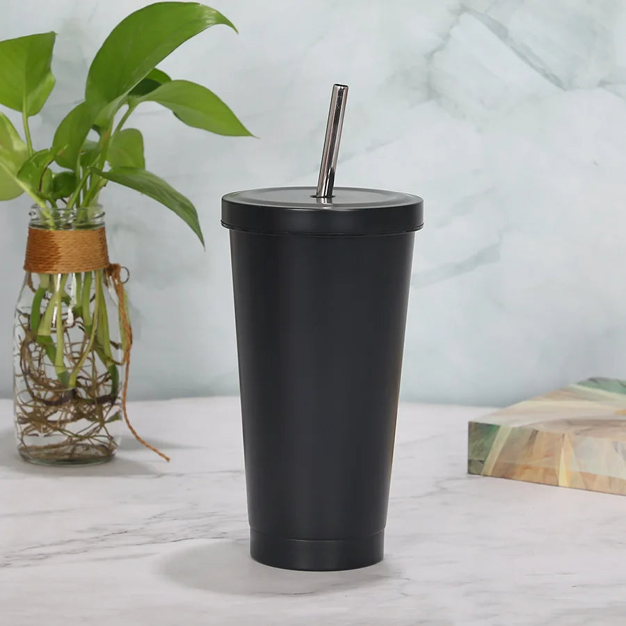 Double Wall Stainless Steel Insulated Drinking Tumbler Cup with Metal Straw and Lid