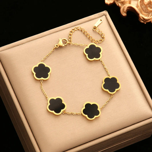 Stainless Steel Gold Color Five Leaf Flower Bracelet