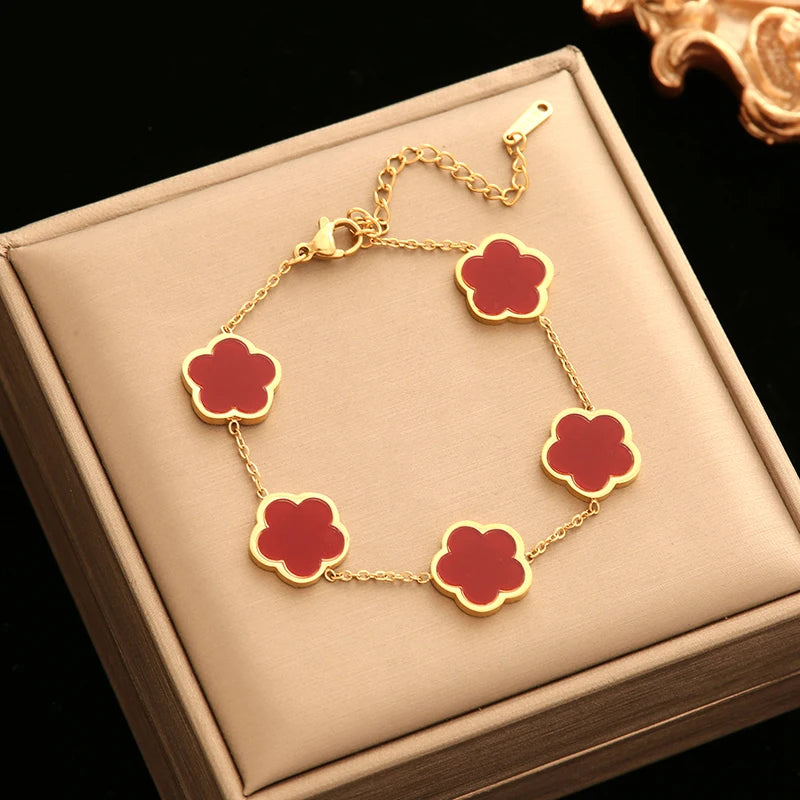 Stainless Steel Gold Color Five Leaf Flower Bracelet