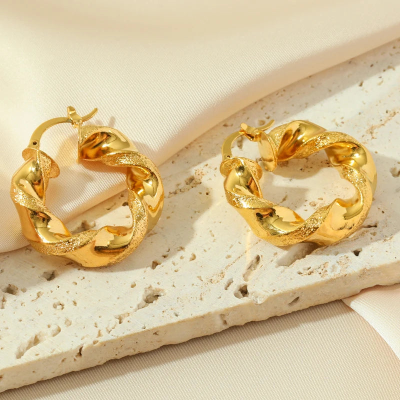 Stainless Steel Gold Color Twisted Hoop Earrings