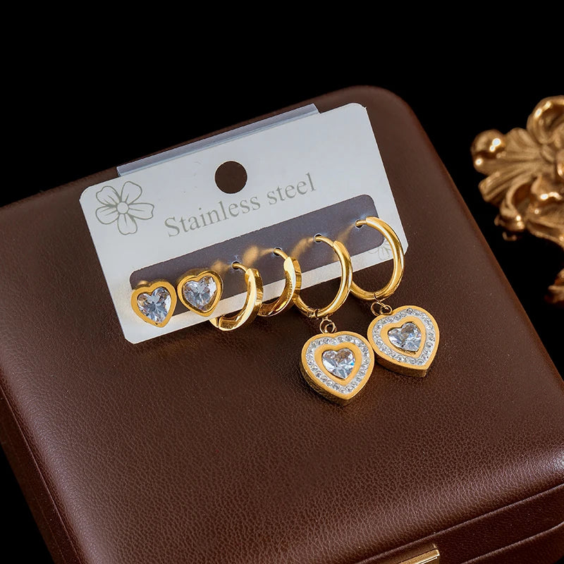 Stainless Steel 3-Pair Metal Heart Zircon Earrings Set