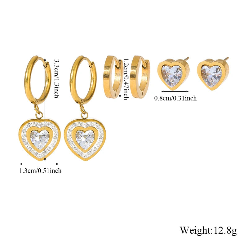 Stainless Steel 3-Pair Metal Heart Zircon Earrings Set