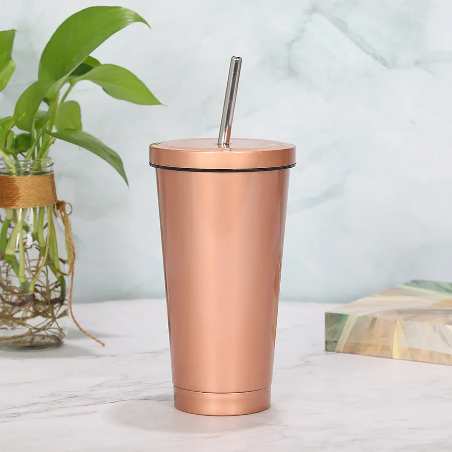 Double Wall Stainless Steel Insulated Drinking Tumbler Cup with Metal Straw and Lid