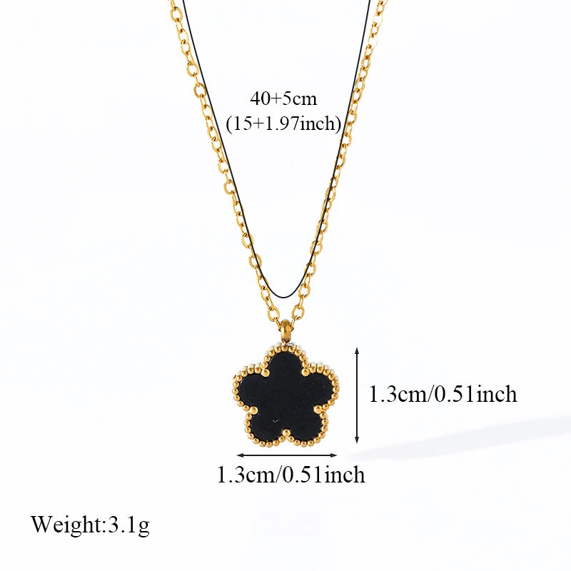 Stainless Steel Black Clover Plum Flower Pendant Necklace