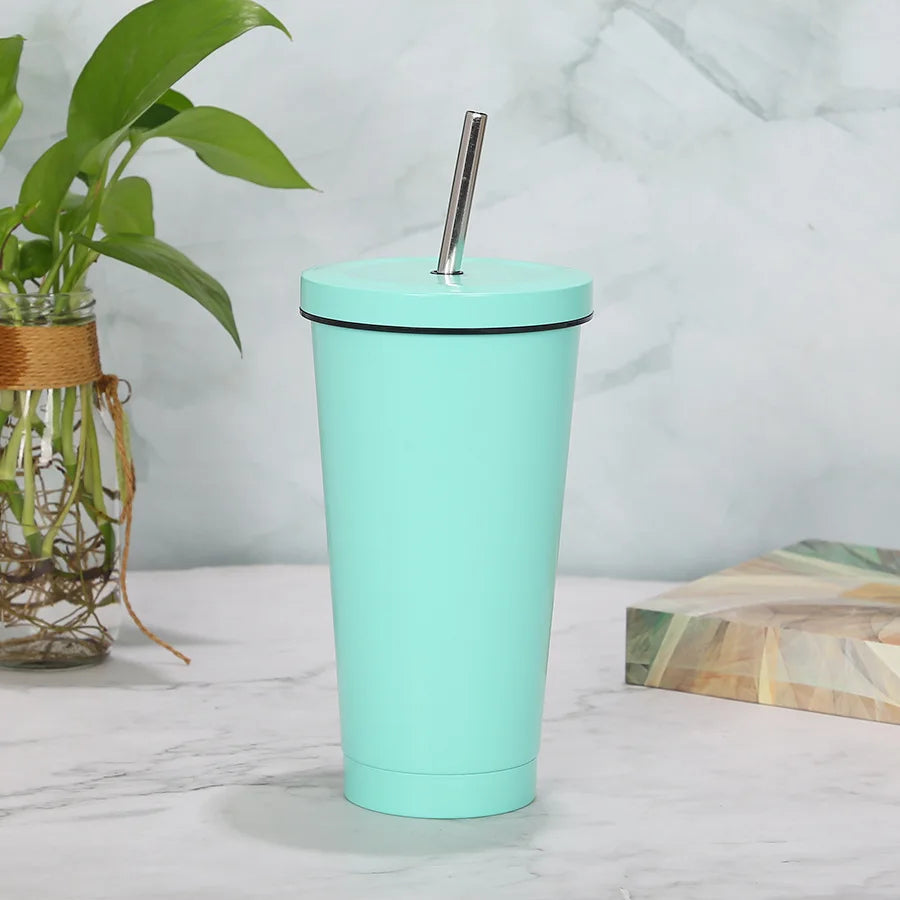 Double Wall Stainless Steel Insulated Drinking Tumbler Cup with Metal Straw and Lid