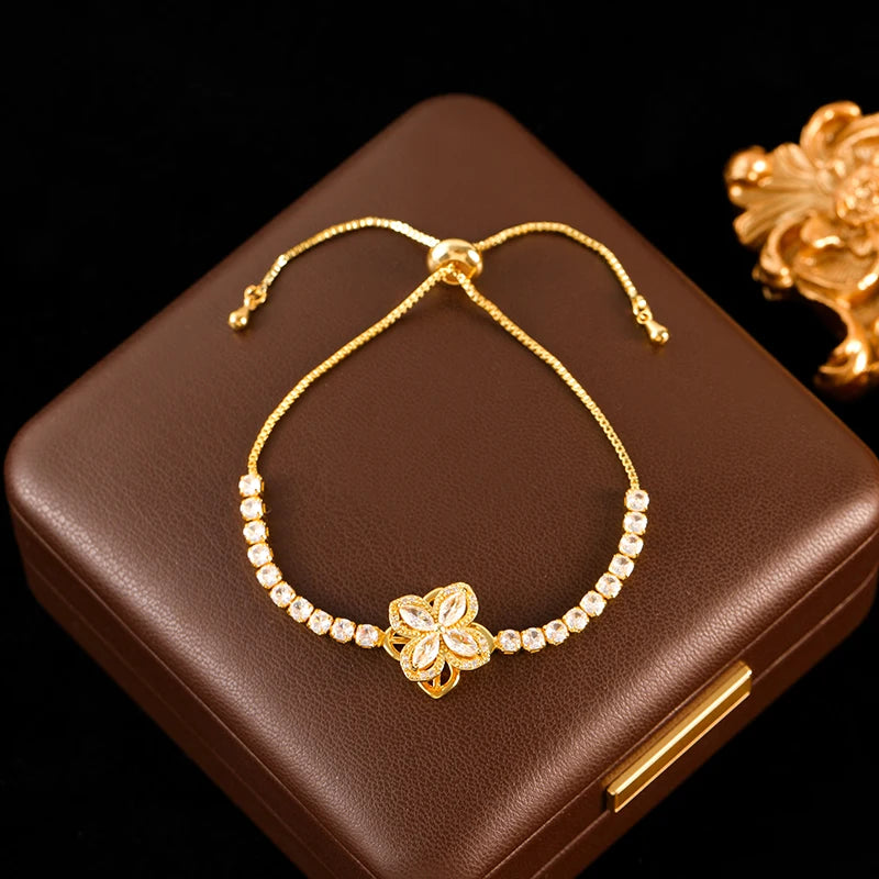 Stainless Steel Rotating Clover Zircon Necklace Bracelet Set