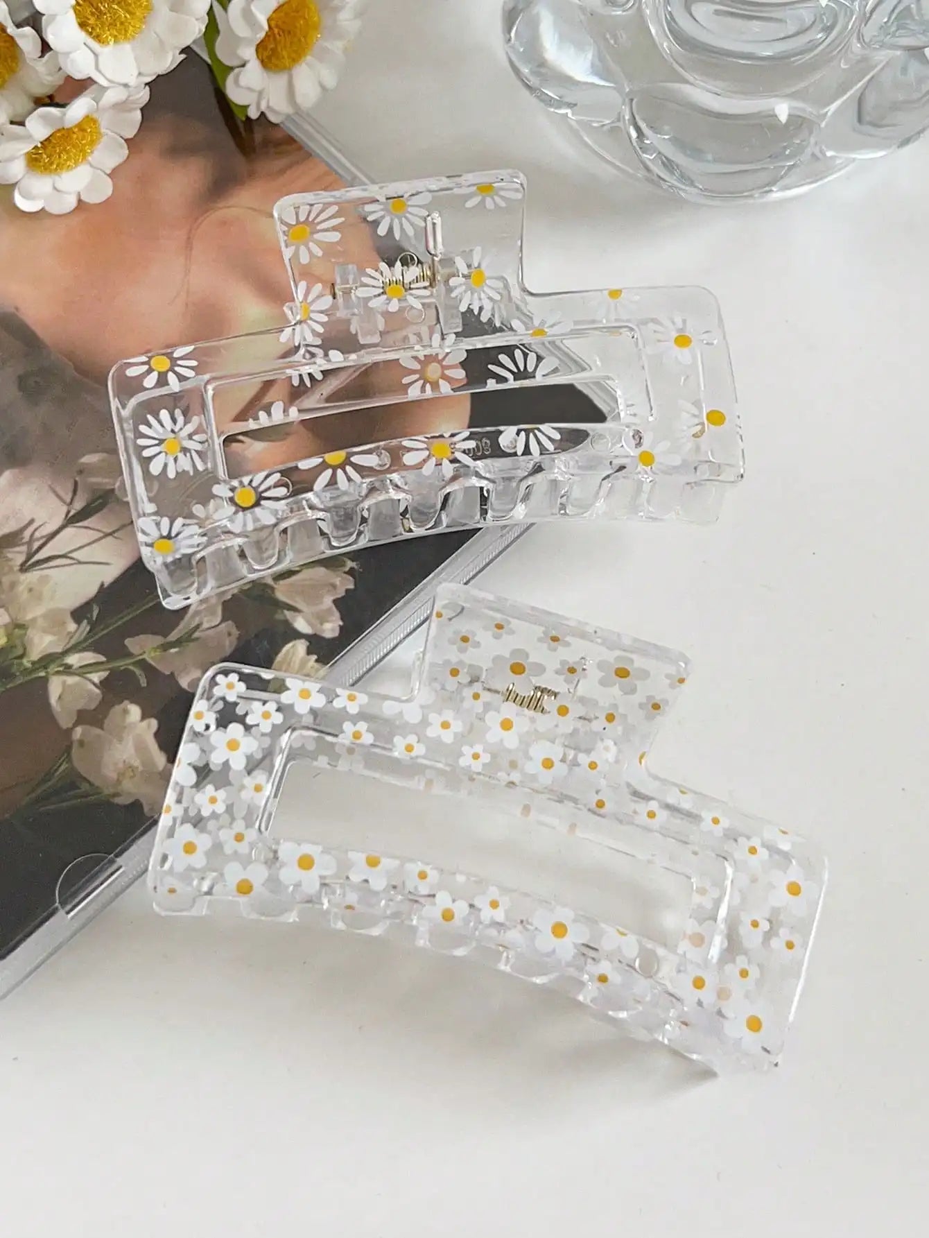 2 Pcs Clear Floral Prints Hair Claw Clips