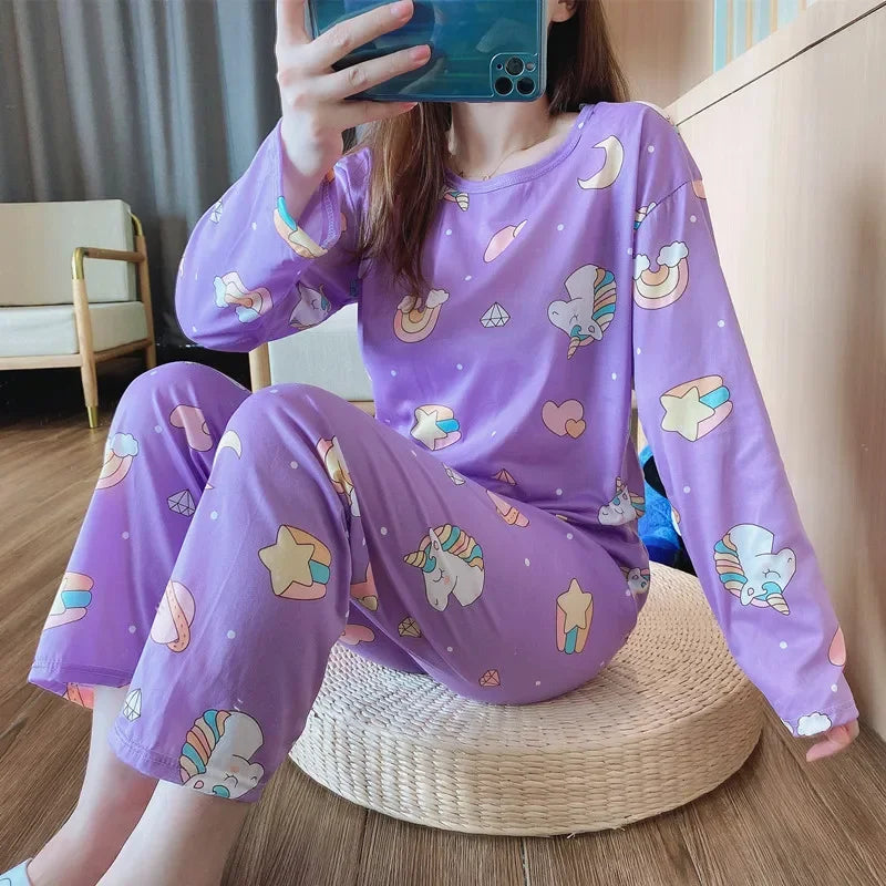 Cute Cartoon Round Neck Women's Pajama Set