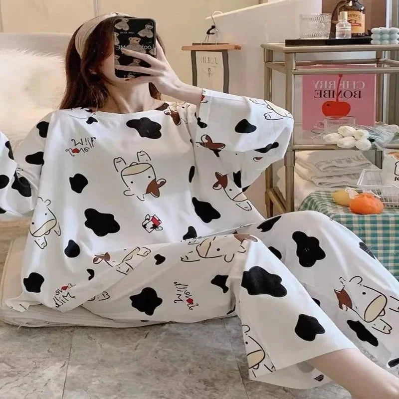 Cute Cartoon Round Neck Women's Pajama Set