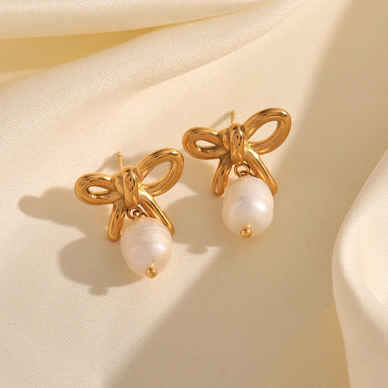 Stainless Steel Bowknot Pearl Earrings