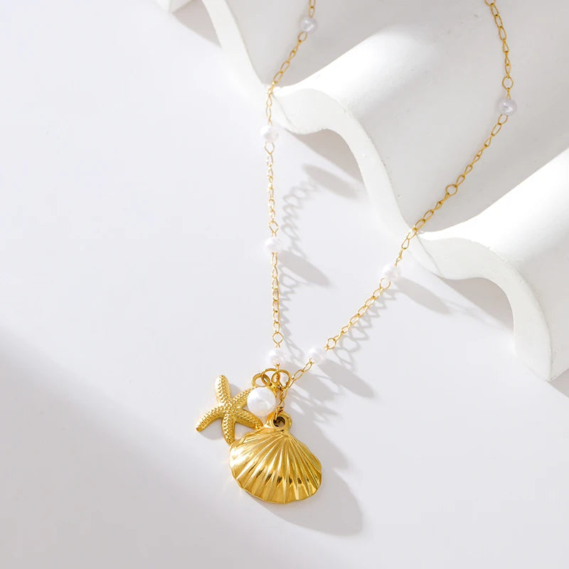 Stainless Steel Shell Starfish Pearl Pendant Necklace