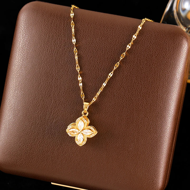 Stainless Steel Rotating Clover Zircon Necklace Bracelet Set