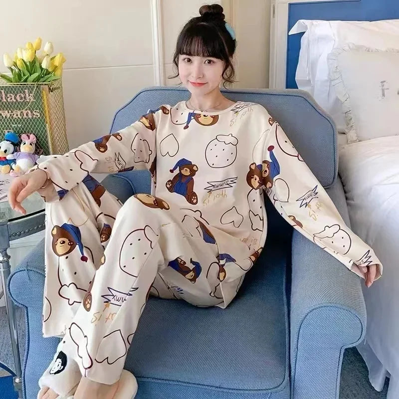 Cute Cartoon Round Neck Women's Pajama Set