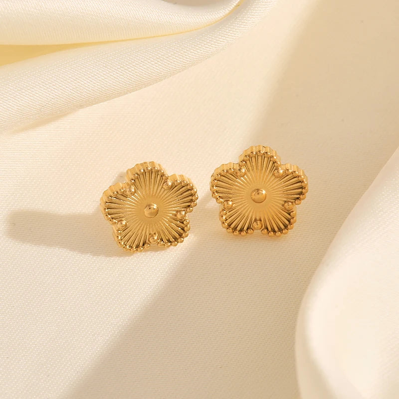 Stainless Steel Golden Plum Blossom Five Leaf Flower Stud Earrings