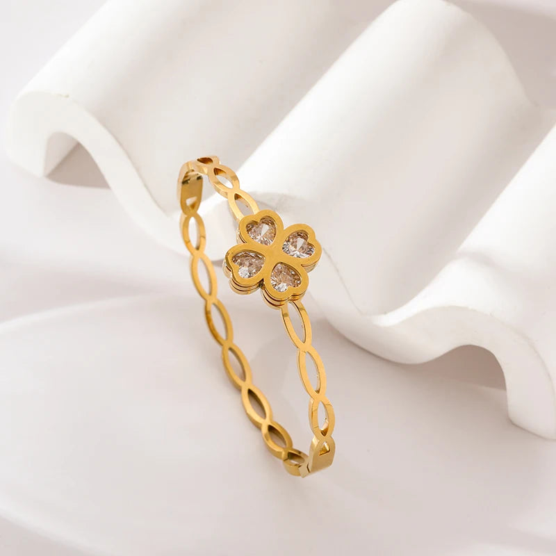 Stainless Steel Leaf Clover Zirconia Bangle Bracelet