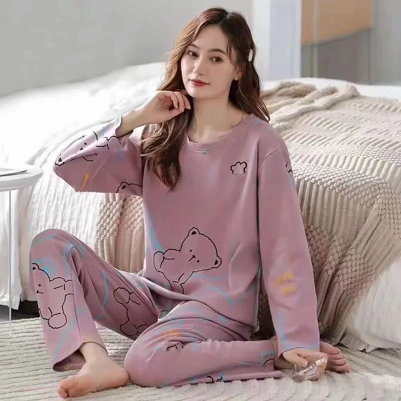 Cute Cartoon Round Neck Women's Pajama Set