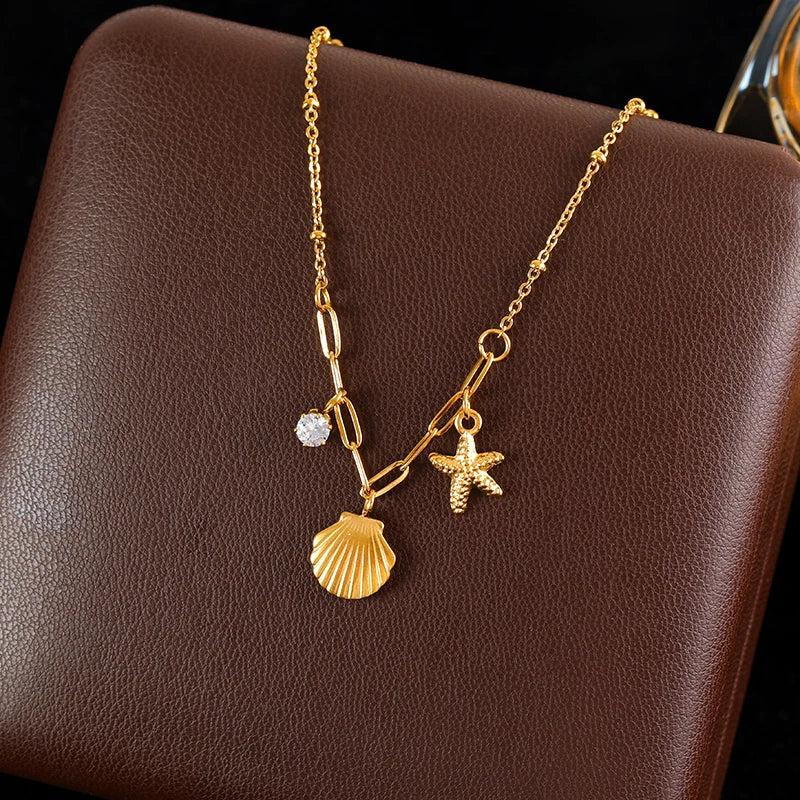 Stainless Steel Shell Starfish Zircon Pendant Necklace