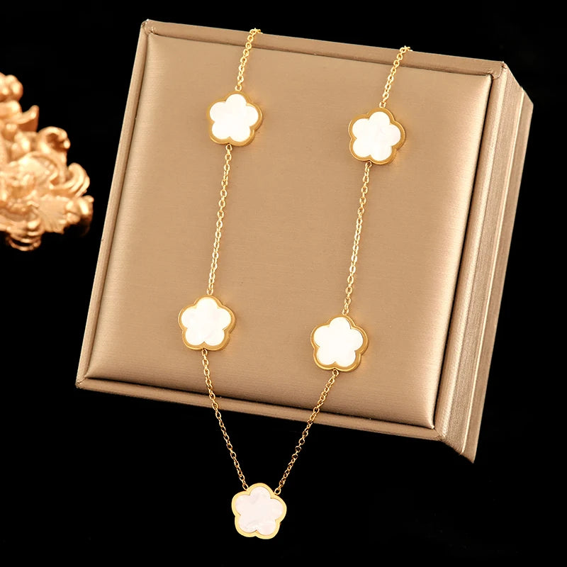 Stainless Steel Gold Color Five-Leaf Clover Pendant Necklace