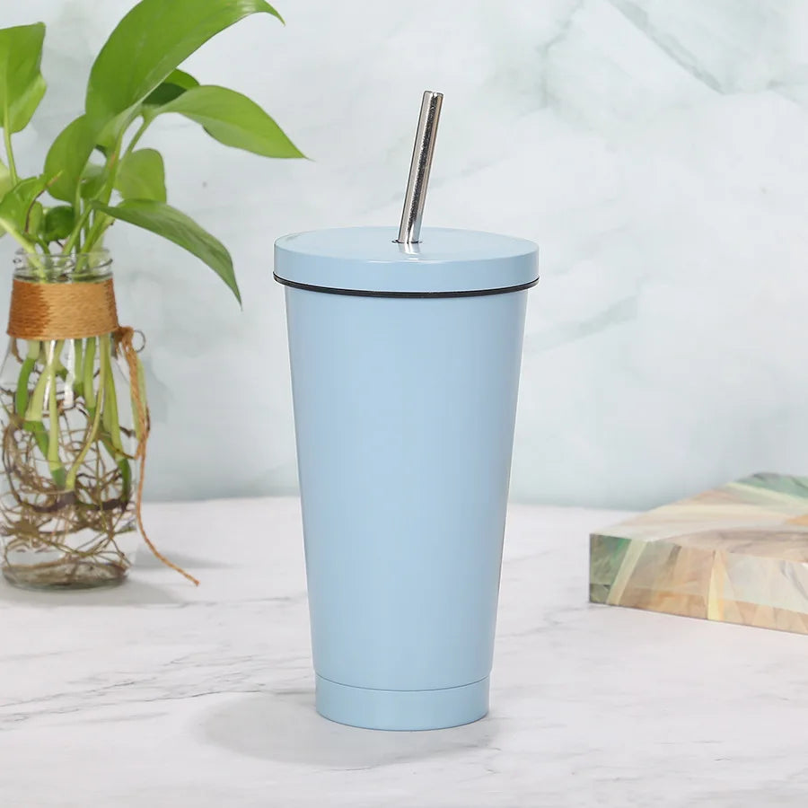 Double Wall Stainless Steel Insulated Drinking Tumbler Cup with Metal Straw and Lid