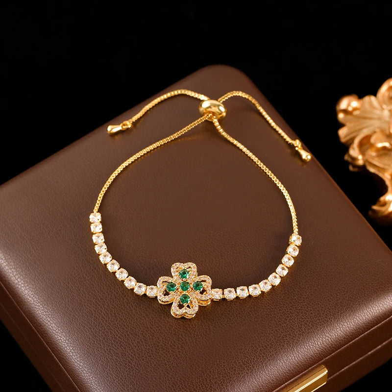 Stainless Steel Rotating Clover Zircon Necklace Bracelet Set