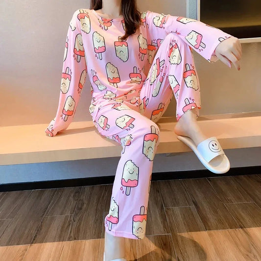 Cute Cartoon Round Neck Women's Pajama Set