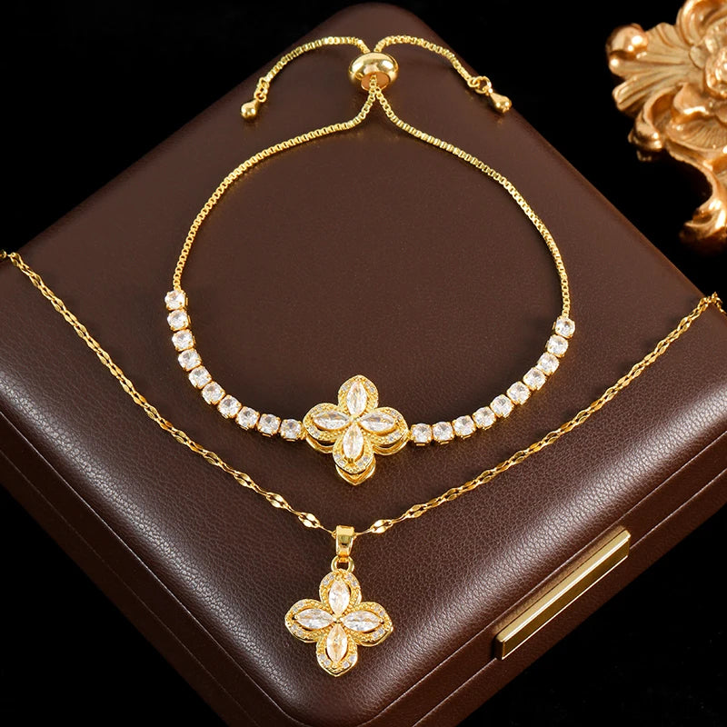 Stainless Steel Rotating Clover Zircon Necklace Bracelet Set