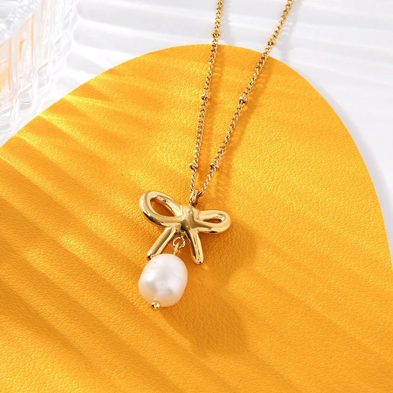 Stainless Steel Bowknot Pearl Pendant Necklace