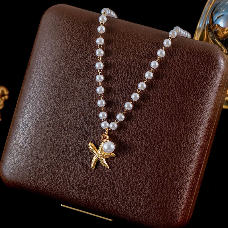 Stainless Steel Shell Starfish Pearl Pendant Necklace