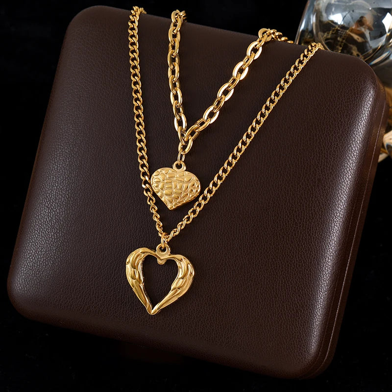 Stainless Steel Gold Color Double Heart Pendant Necklace