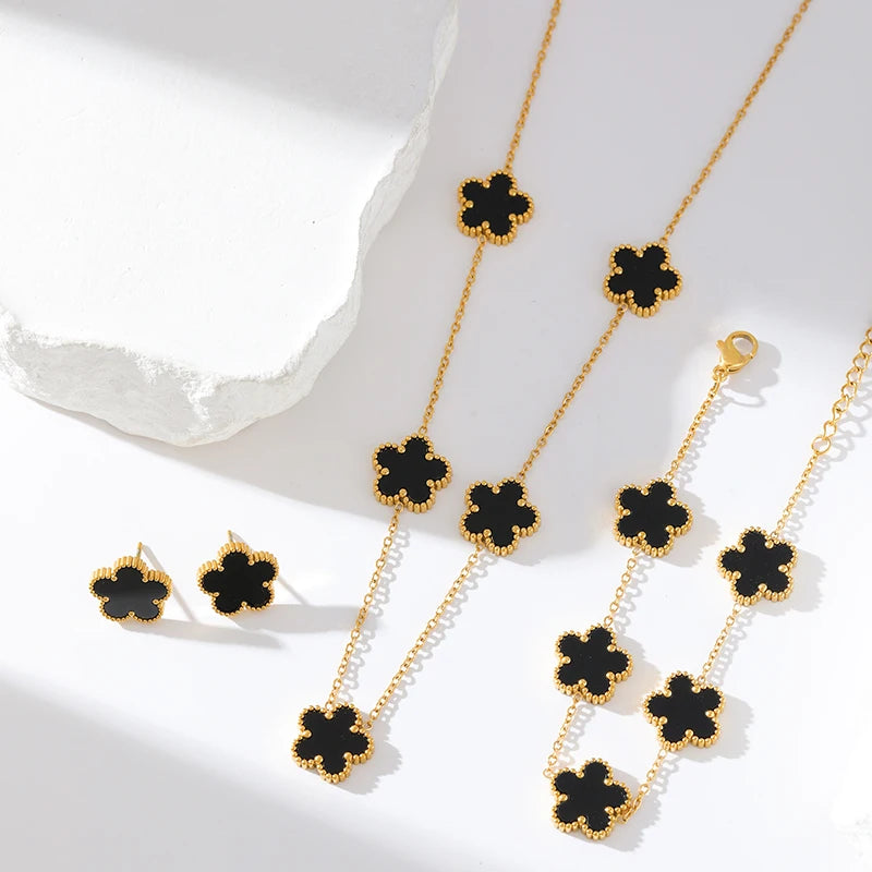 Stainless Steel 4-Color Five Leaf Clover Flower Necklace