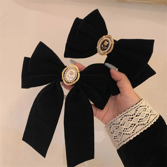 New Black Velvet Bow Elegant Roses Hair Clips