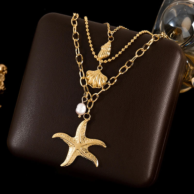 Stainless Steel Shell Starfish Pearl Pendant Necklace