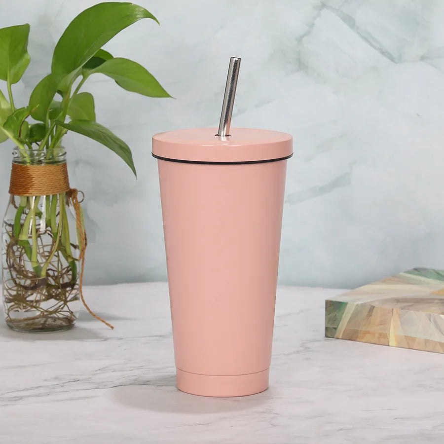 Double Wall Stainless Steel Insulated Drinking Tumbler Cup with Metal Straw and Lid