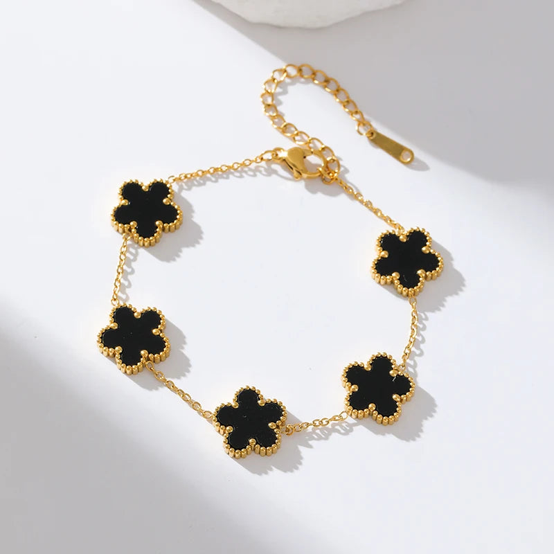 Stainless Steel Black Plant Flower Bracelet With Five Leaf Petals