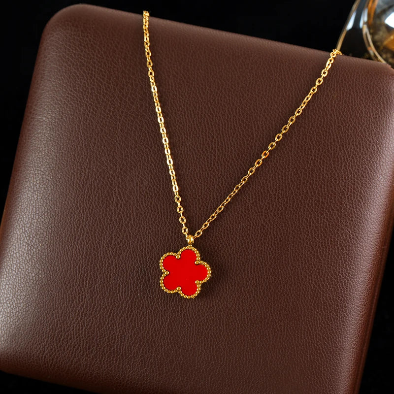 Stainless Steel Black Clover Plum Flower Pendant Necklace